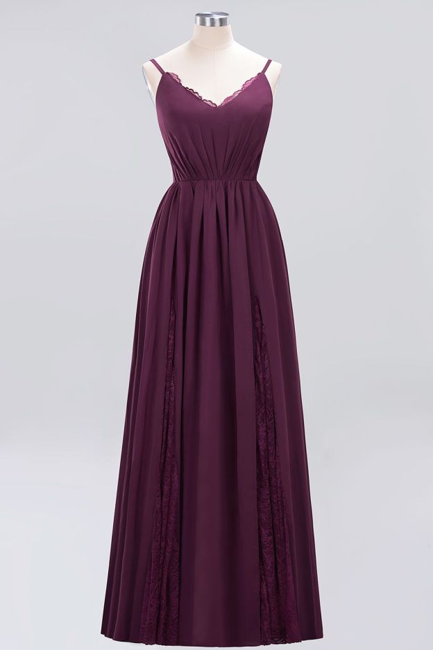 27prom Elegant Spaghetti Straps Long Bridesmaid Dress Lace V-Neck Maid of Honor Dress-27prom