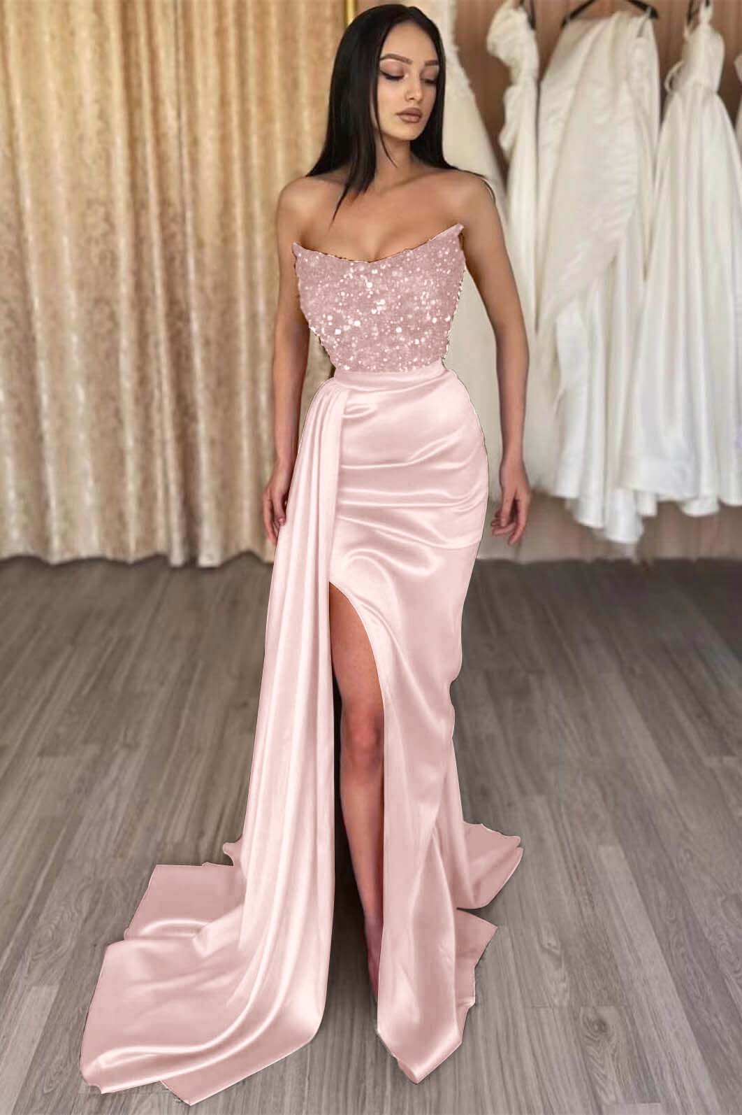 Red Strapless Elegant Sleeveless Long Sequins Prom Dress Mermaid Side Split