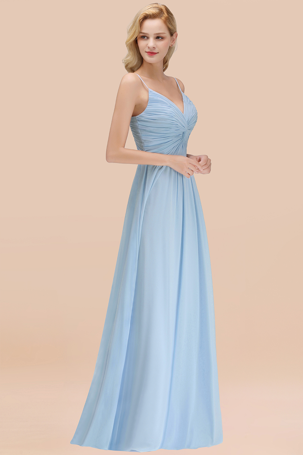 27prom Chic V-Neck Pleated Backless Bridesmaid Dresses with Spaghetti Straps-27prom