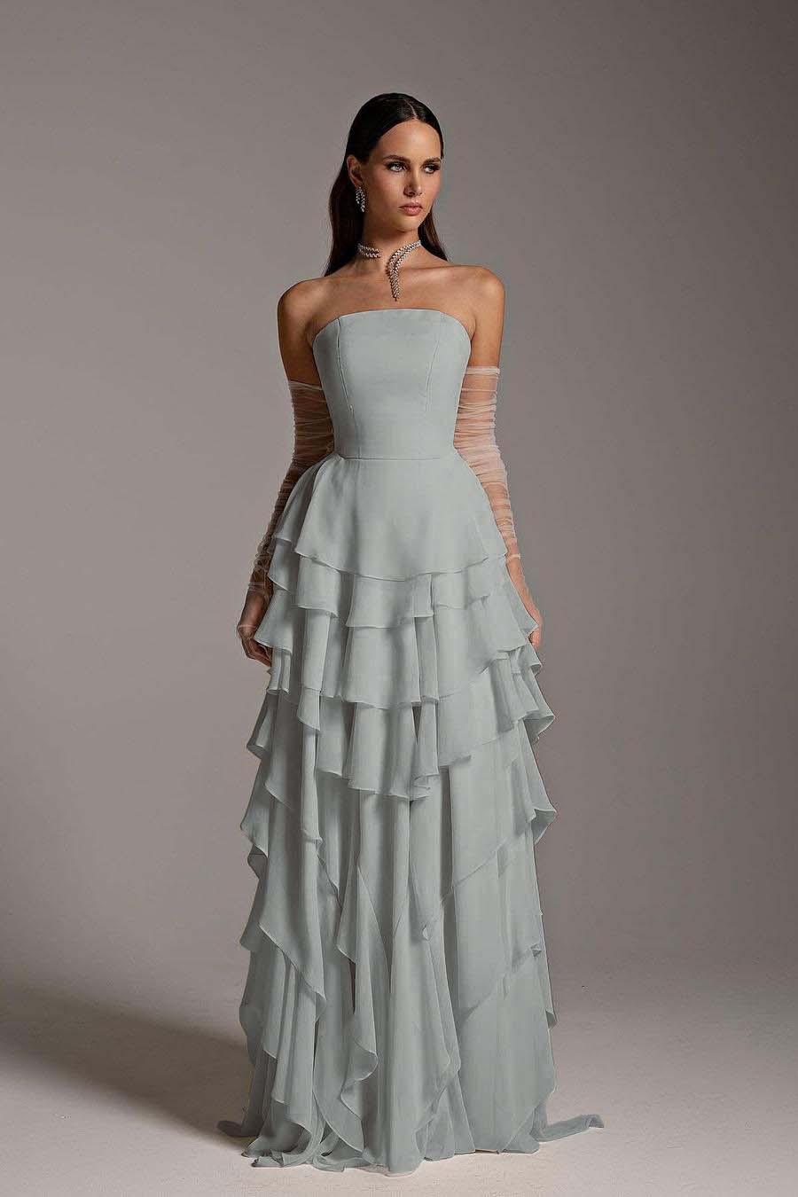 Charming Strapless Sleeveless Ruffles Long Prom Dress With Gloves