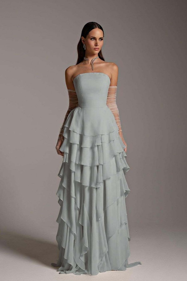 Charming Strapless Sleeveless Ruffles Long Prom Dress With Gloves