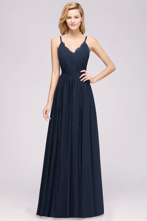 27prom Elegant Spaghetti Straps Long Bridesmaid Dress Lace V-Neck Maid of Honor Dress-27prom