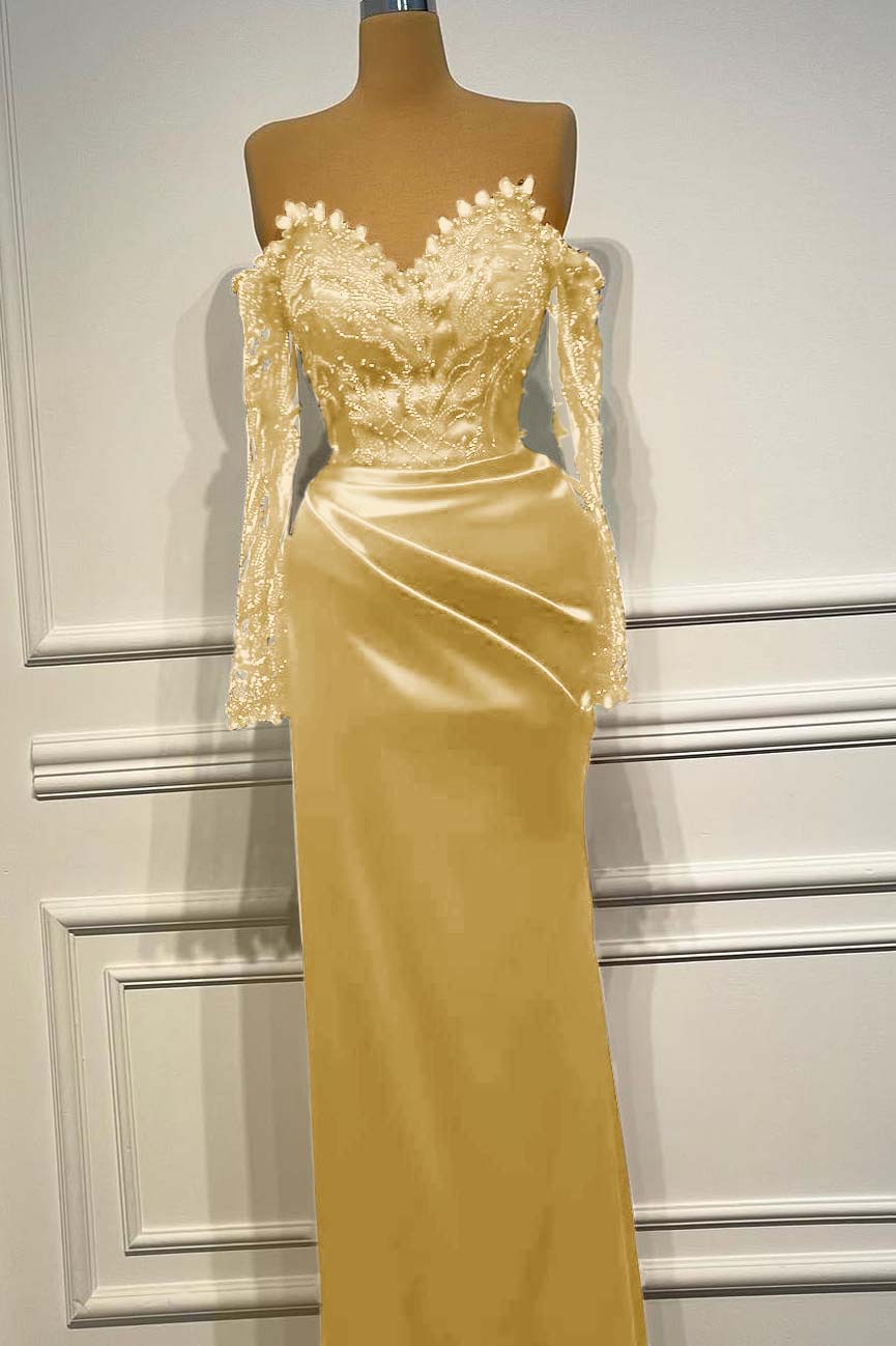 Long Sleeves Strapless Long Mermaid Prom Dress With Beading Pleated