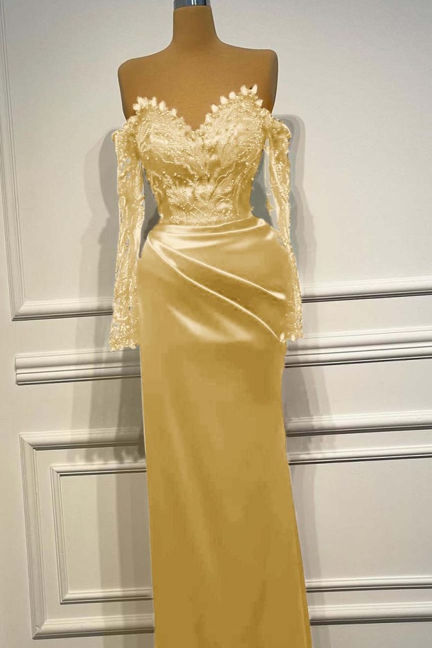 Long Sleeves Strapless Long Mermaid Prom Dress With Beading Pleated