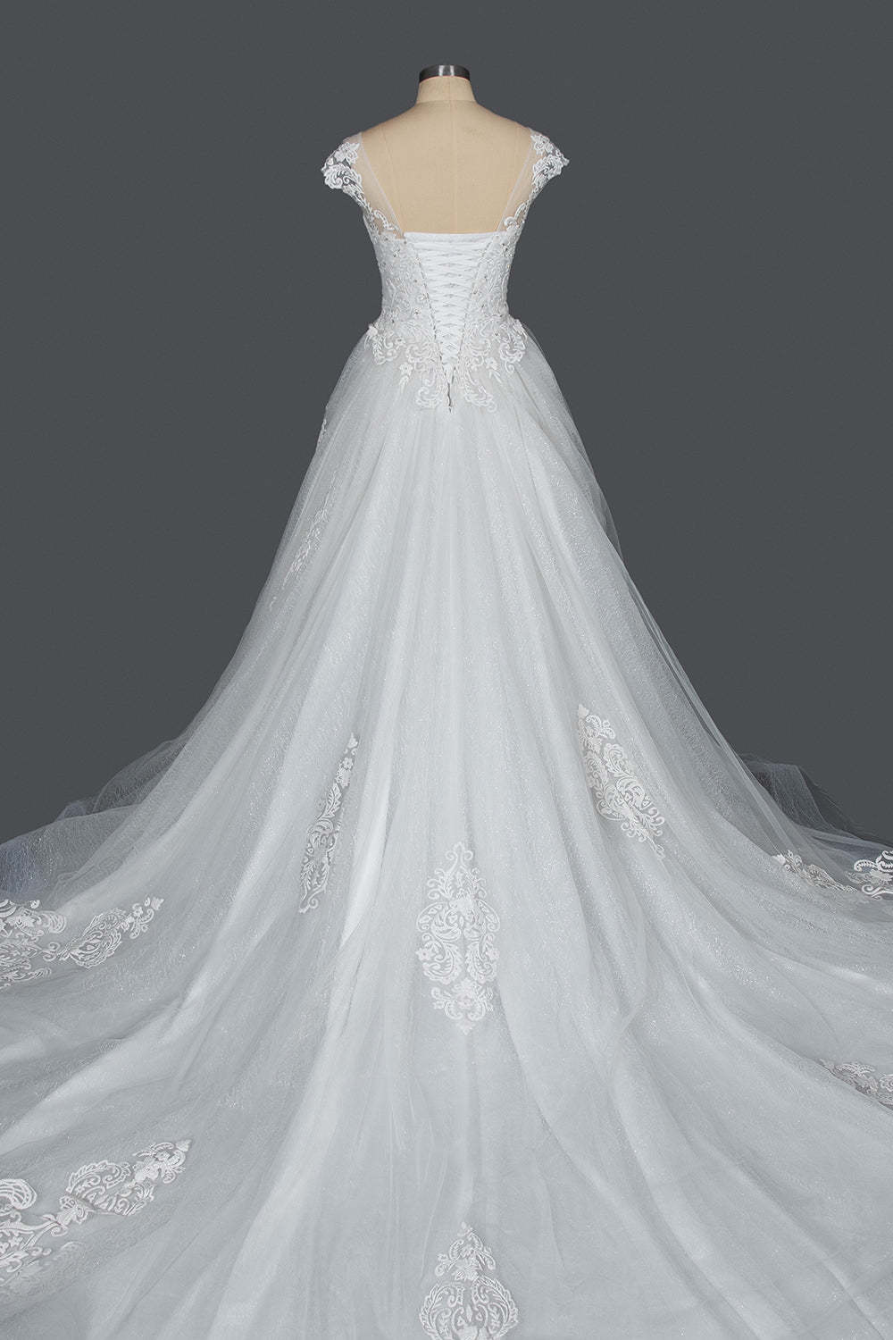 Elegant Cap Sleeve Sheer Tulle Ball Gown Wedding Dress with Lace V-Neck