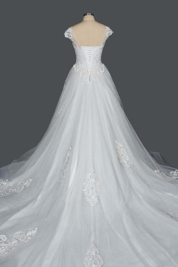 Elegant Cap Sleeve Sheer Tulle Ball Gown Wedding Dress with Lace V-Neck