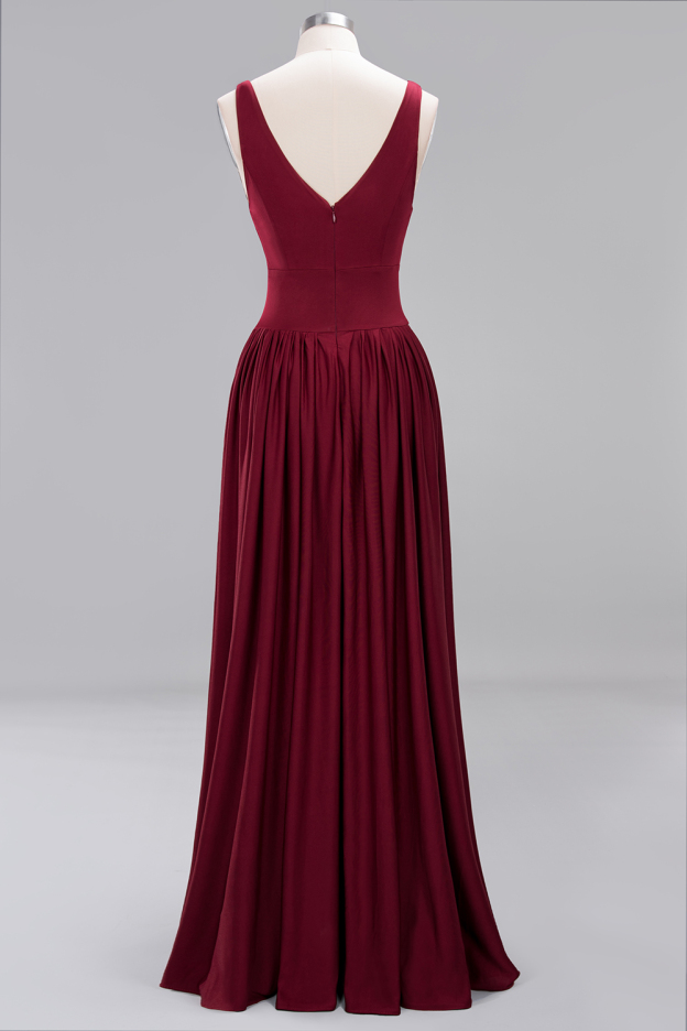 27prom Sexy Deep V-Neck Sleeveless Bridesmaid Dress Burgundy Chiffon Wedding Party Dress-27prom