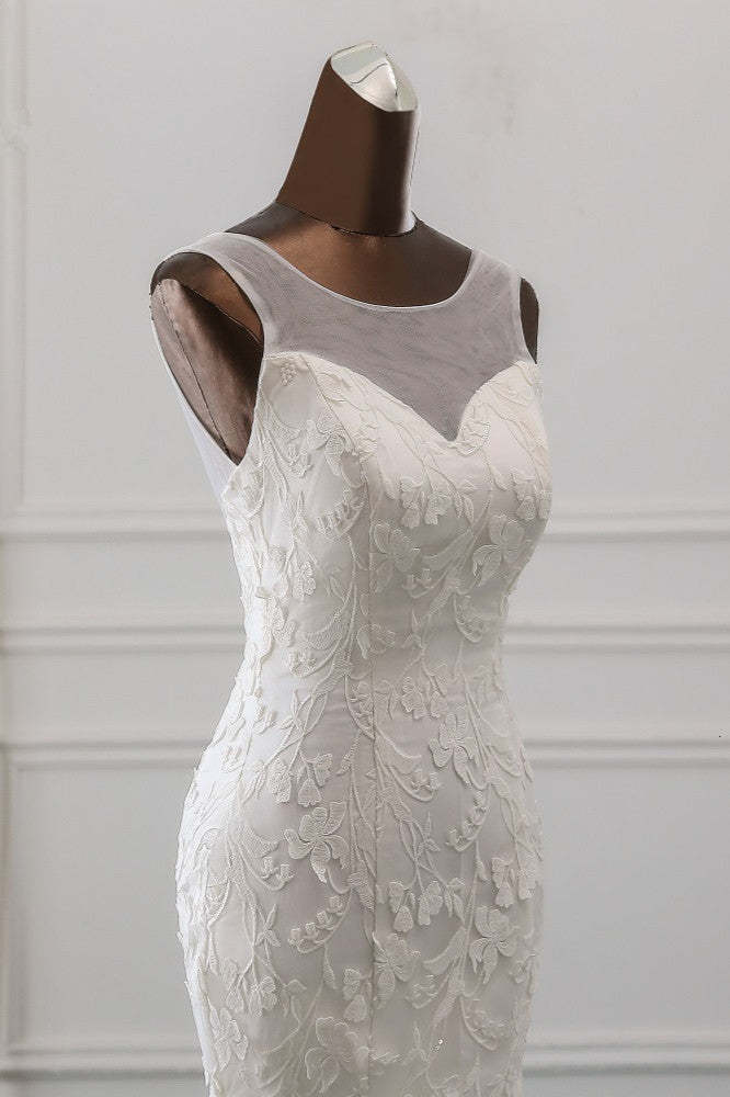 Jewel Neck Backless Long Mermaid Wedding Dress with Tulle Lace