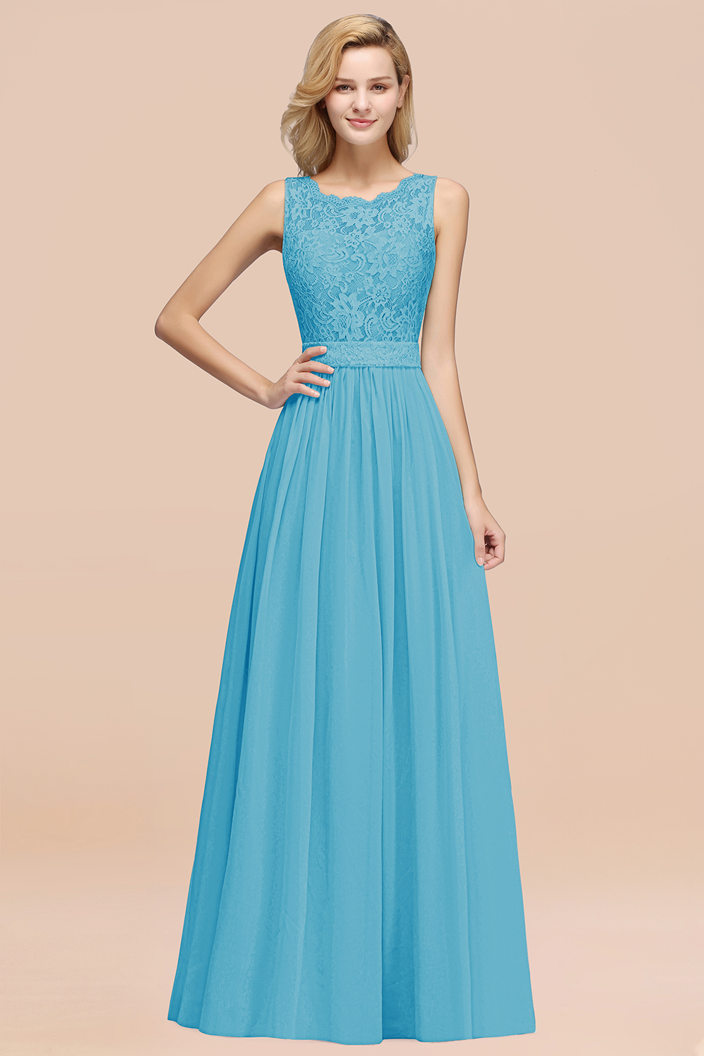 27prom Elegant Chiffon Lace Scalloped Sleeveless Ruffle Bridesmaid Dresses-27prom