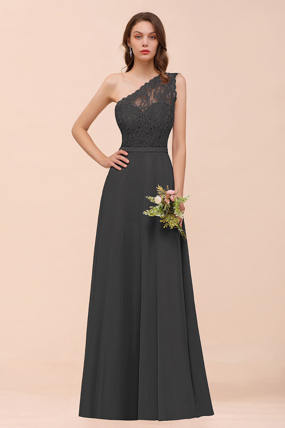 27prom New Arrival Dusty Rose One Shoulder Lace Long Bridesmaid Dress-27prom