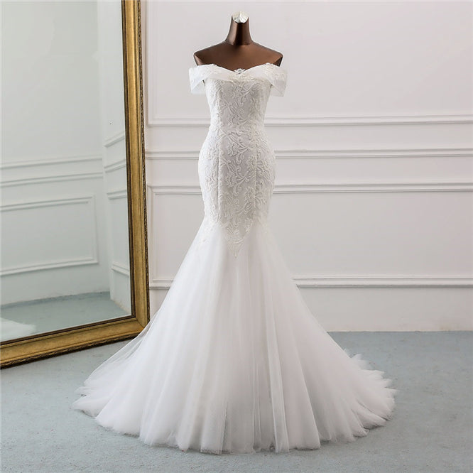 Off-the-Shoulder Long Mermaid Wedding Dress with Tulle Lace
