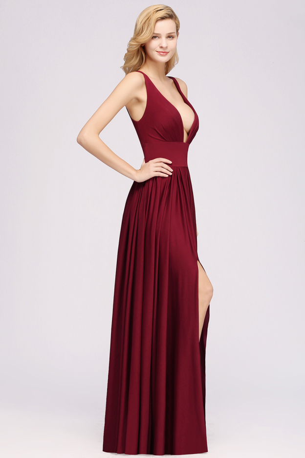 27prom Sexy Deep V-Neck Sleeveless Bridesmaid Dress Burgundy Chiffon Wedding Party Dress-27prom