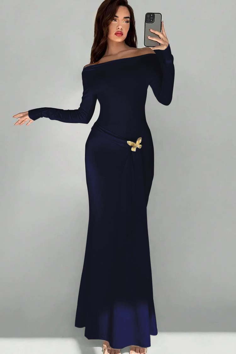 Off the Shoulder Long Sleeves Long Mermaid Prom Dress With Appliques