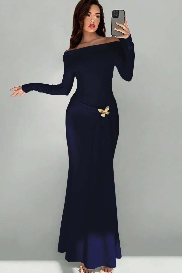 Off the Shoulder Long Sleeves Long Mermaid Prom Dress With Appliques