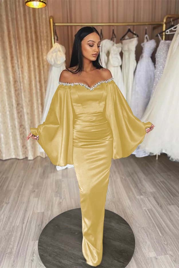 Off the Shoulder Long Sleeves Pleated Long Prom Dress With Beading