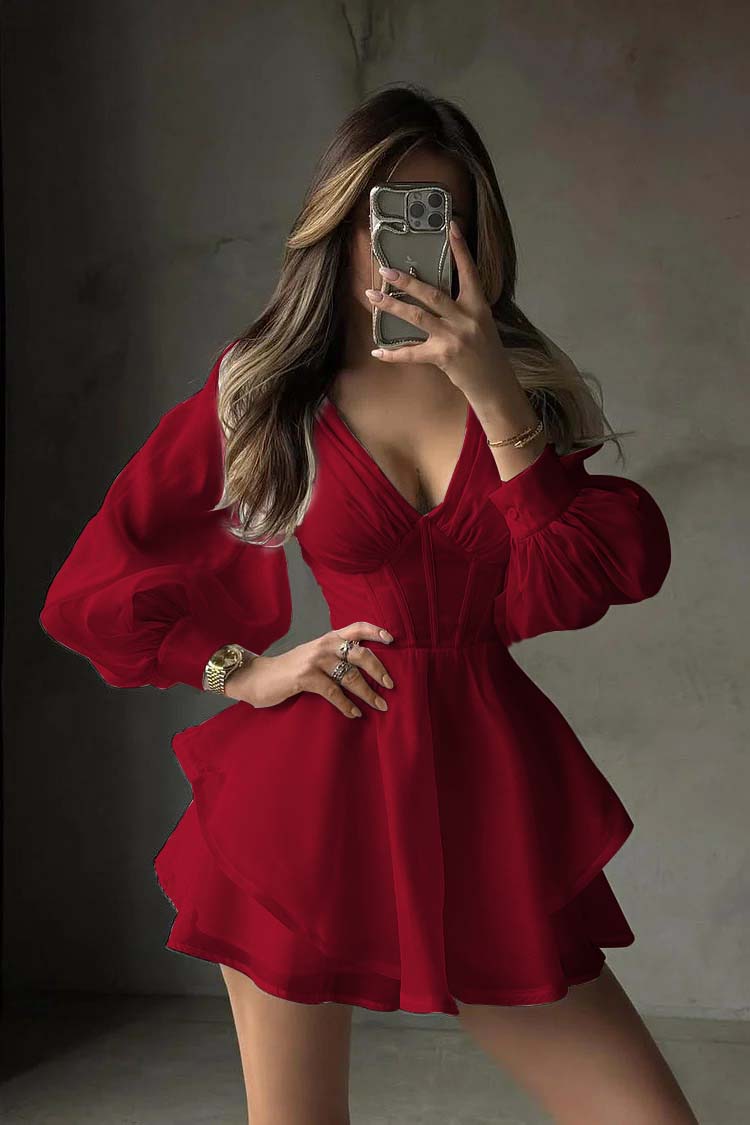 White Long Sleeves V Neck Short Prom Dress With Ruffles Pleated