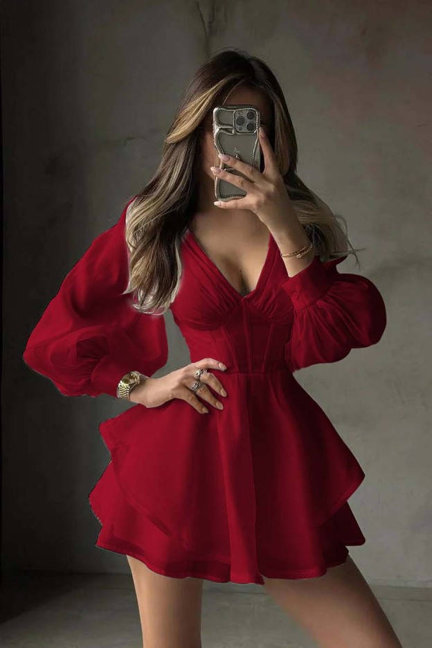 White Long Sleeves V Neck Short Prom Dress With Ruffles Pleated