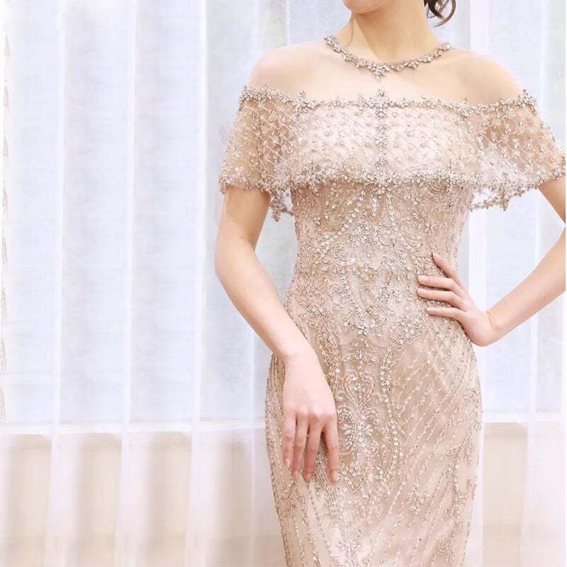 Luxurious Sequin Beaded Strapless Evening Gown, Long Mermaid Sleeveless