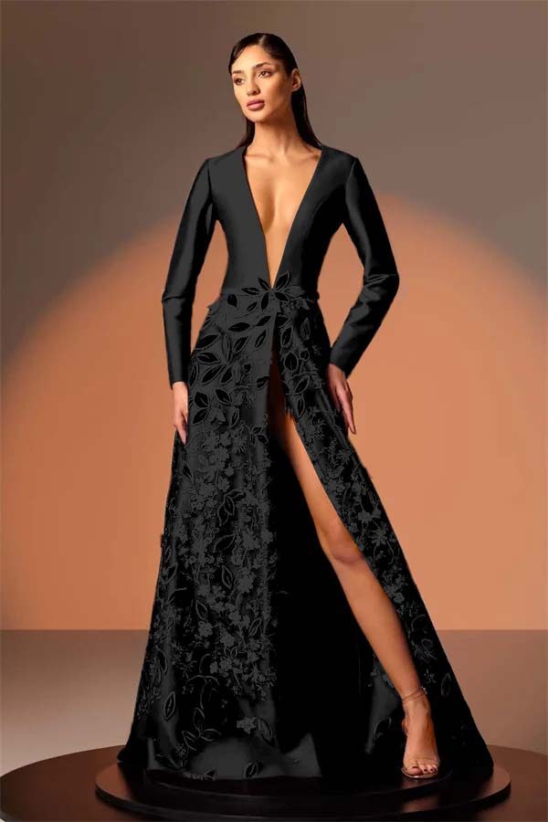 Long Sleeves Deep V Neck High Split Long Prom Dress With Appliques