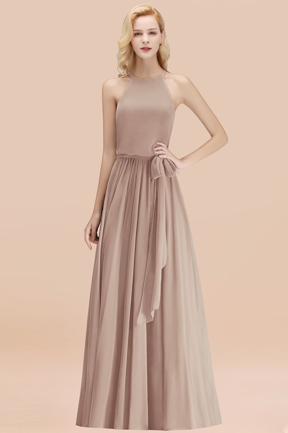 27prom Affordable Halter Bow Long Bridesmaid Dress Modest Burgundy Chiffon Wedding Party Dress-27prom