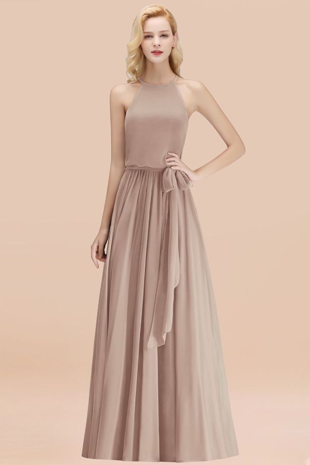 27prom Affordable Halter Bow Long Bridesmaid Dress Modest Burgundy Chiffon Wedding Party Dress-27prom