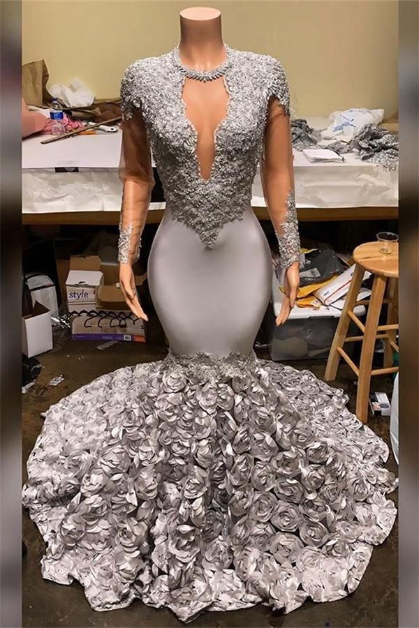 Elegant Mermaid V Neck Prom Dress Appliques Long Sleeves With Flowers Bottom