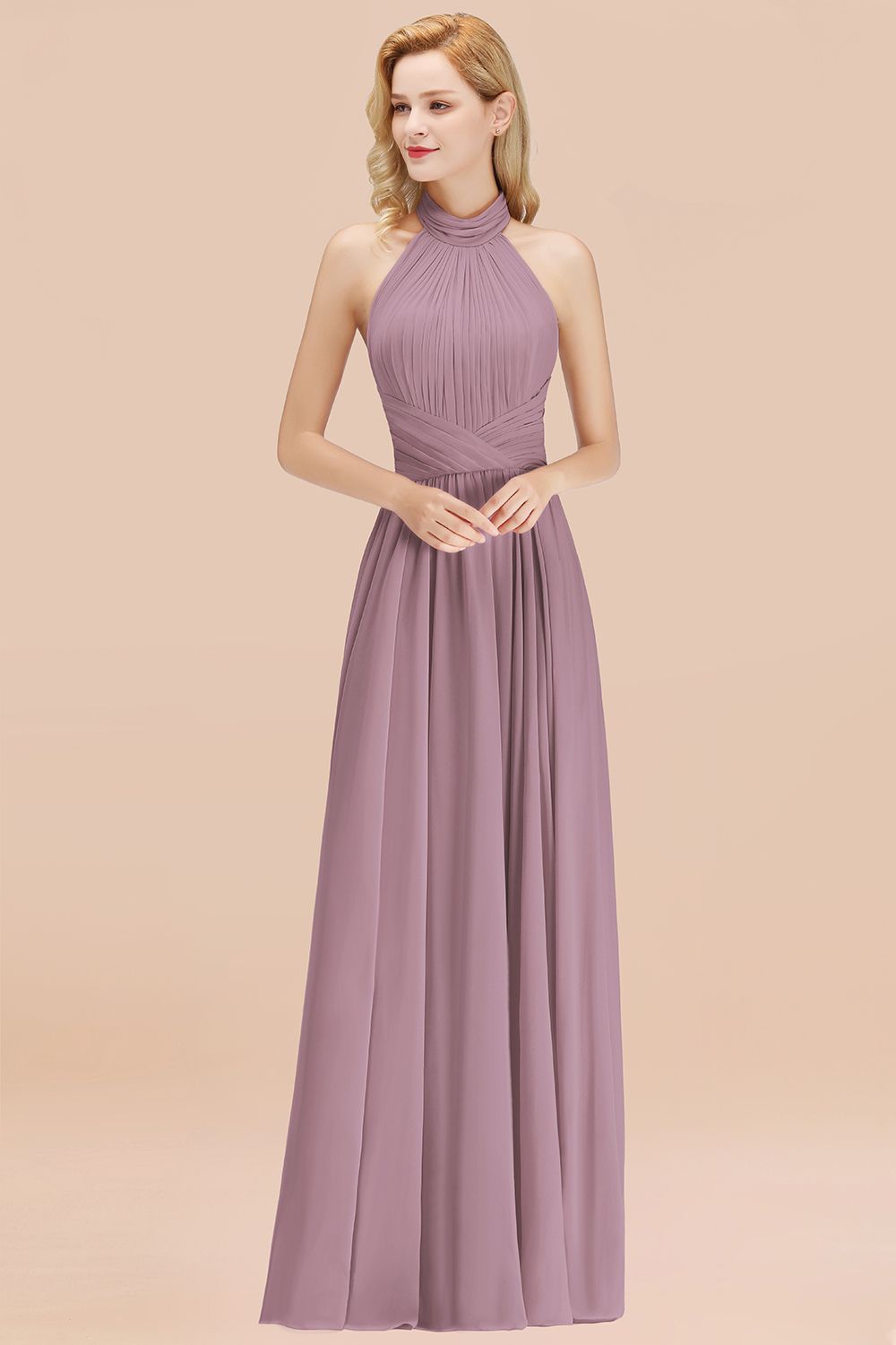 27prom Gorgeous High-Neck Halter Backless Bridesmaid Dress Dusty Rose Chiffon Maid of Honor Dress-27prom