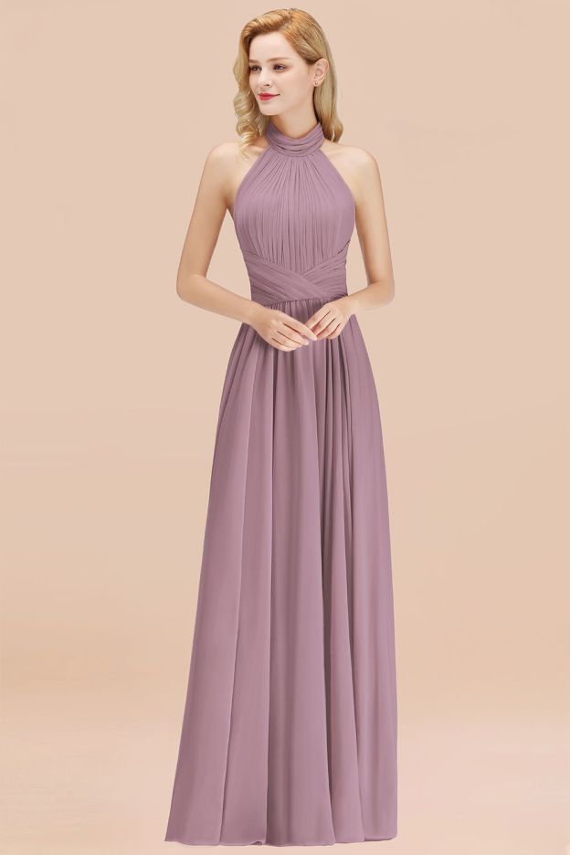 27prom Gorgeous High-Neck Halter Backless Bridesmaid Dress Dusty Rose Chiffon Maid of Honor Dress-27prom