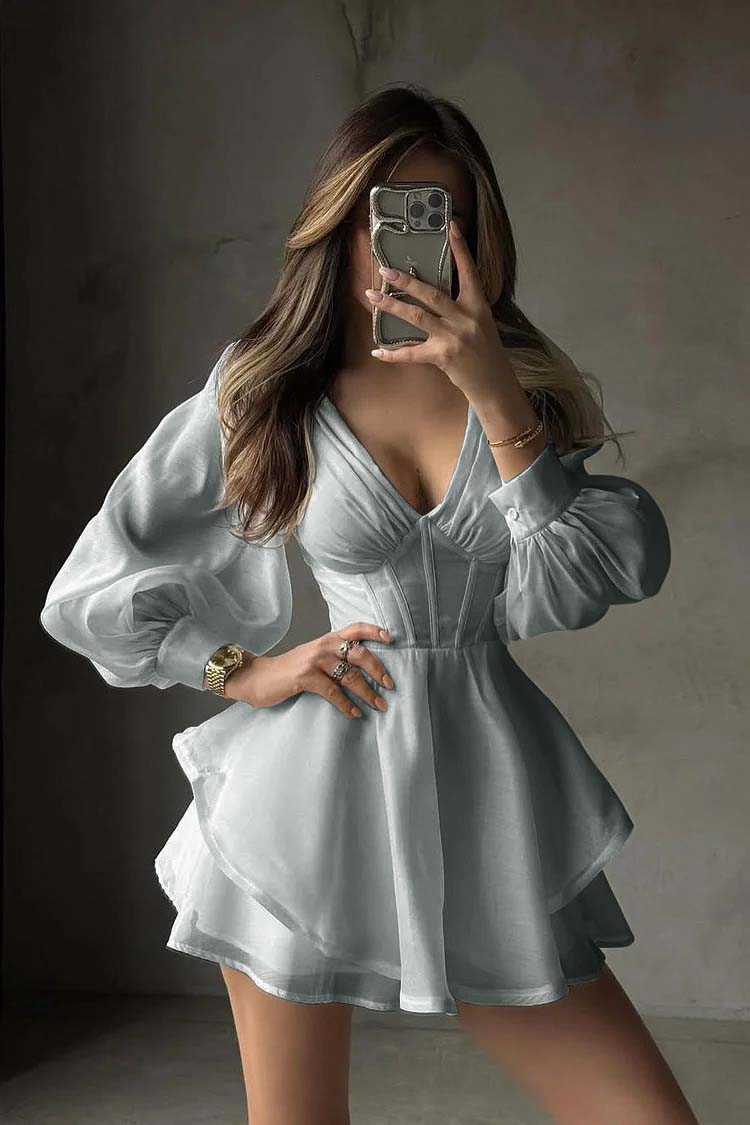 White Long Sleeves V Neck Short Prom Dress With Ruffles Pleated