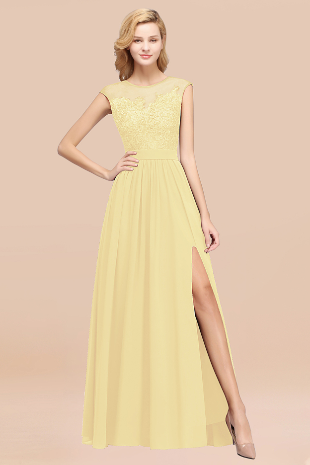 27prom Affordable Scoop Lace Appliques Yellow Bridesmaid Dresses with Slit-27prom