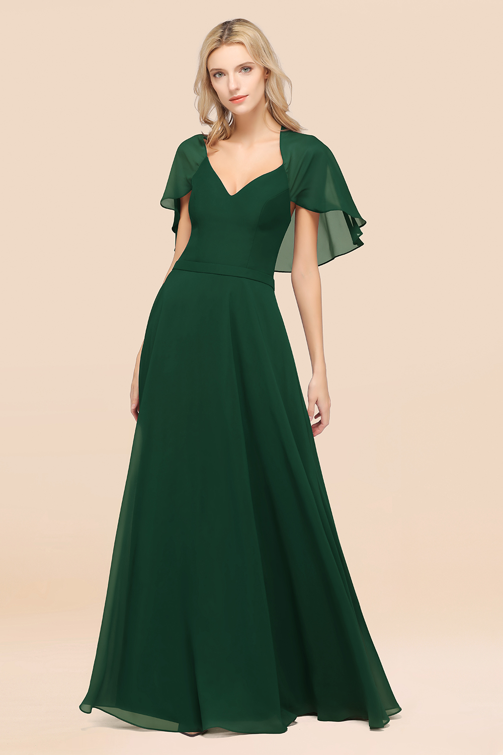 27prom Chic Satin V-Neck Long Burgundy Chiffon Bridesmaid Dress with Flutter Sleeve-27prom