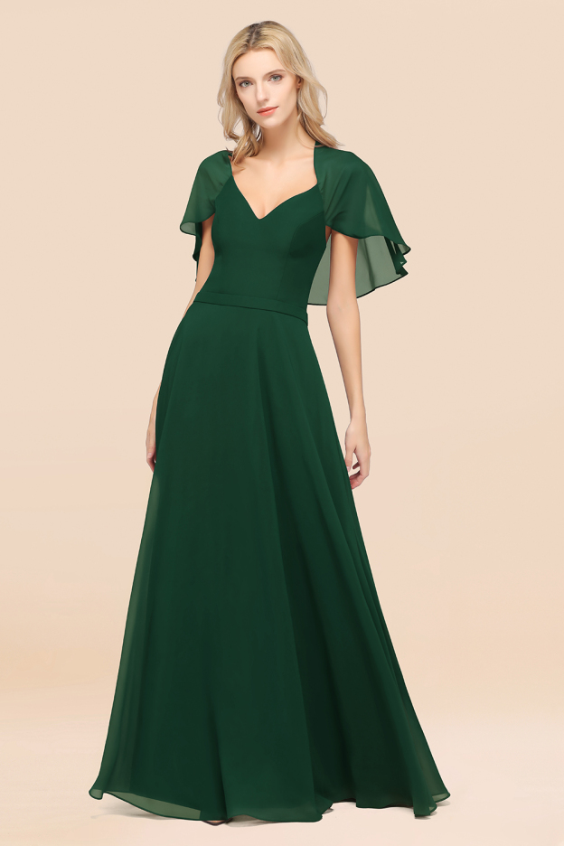 27prom Chic Satin V-Neck Long Burgundy Chiffon Bridesmaid Dress with Flutter Sleeve-27prom