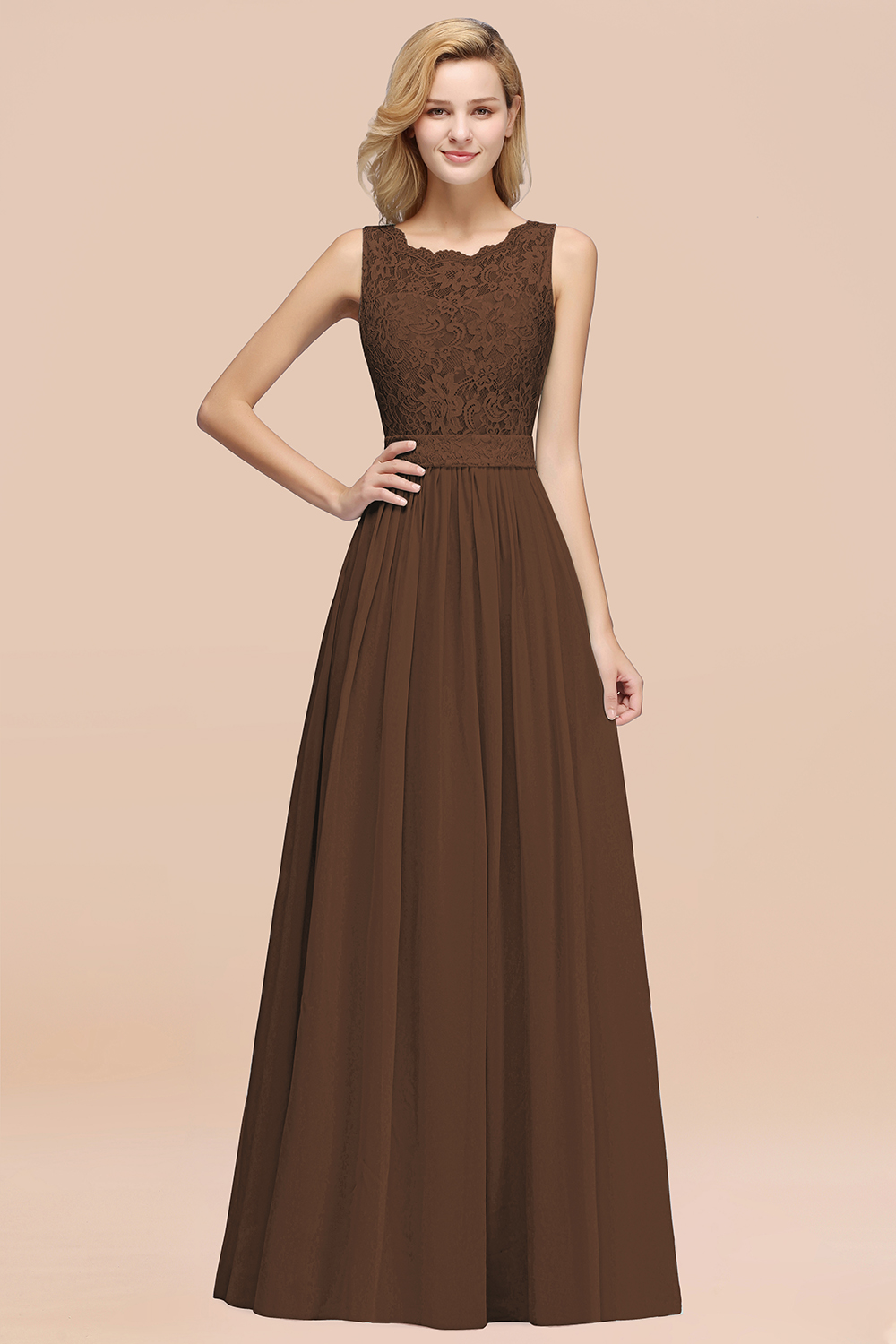 27prom Elegant Chiffon Lace Scalloped Sleeveless Ruffle Bridesmaid Dresses-27prom