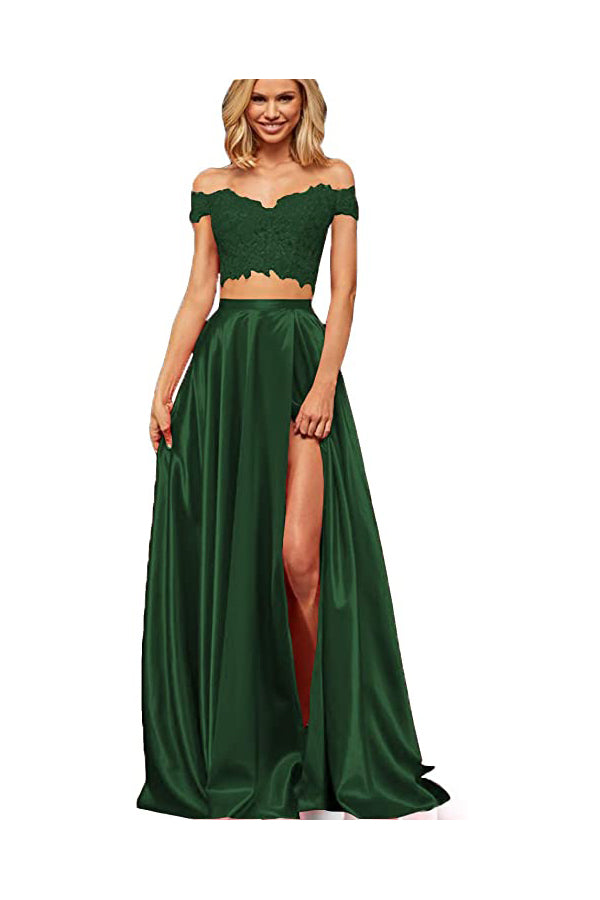 Off-the-Shoulder Two Pieces Prom Dress with Appliques and Slit