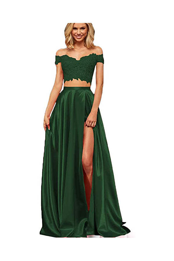 Off-the-Shoulder Two Pieces Prom Dress with Appliques and Slit