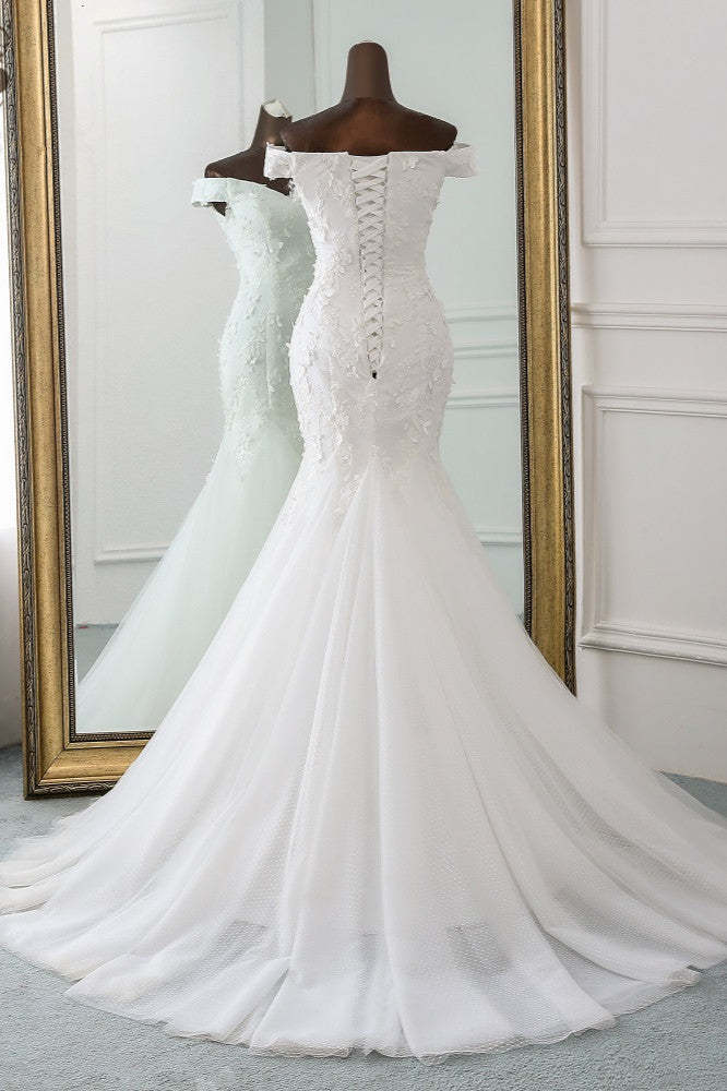 Off-the-Shoulder Mermaid Long Wedding Dress with Tulle Lace
