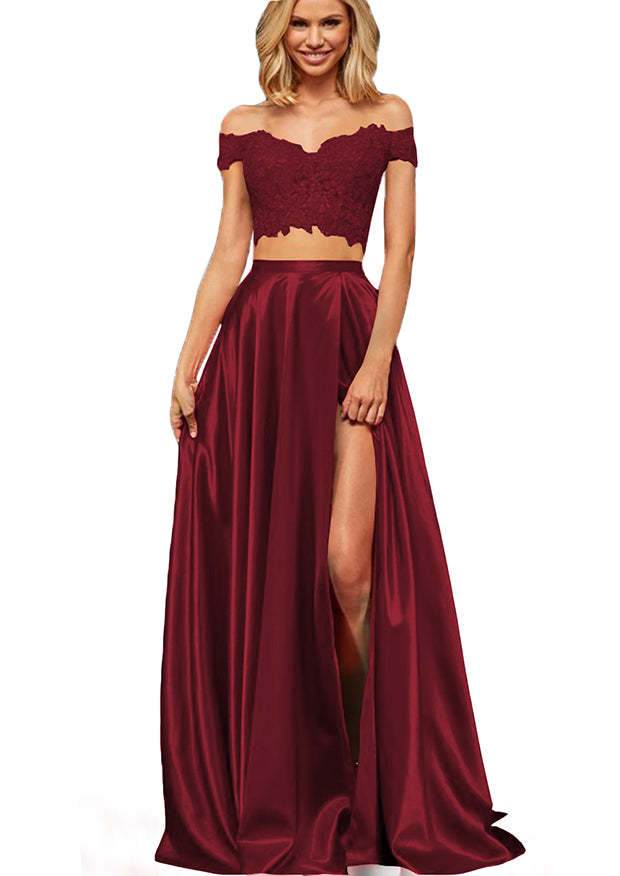 Off-the-Shoulder Two Pieces Prom Dress with Appliques and Slit