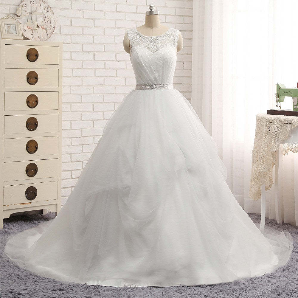 Princess Jewel Neck Long Wedding Dress with Tulle Lace
