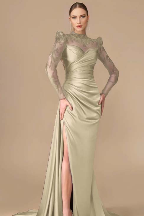 Long Sleeves Long Mermaid Prom Dress With Split Pleated Appliques