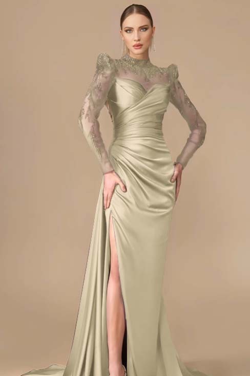 Long Sleeves Long Mermaid Prom Dress With Split Pleated Appliques