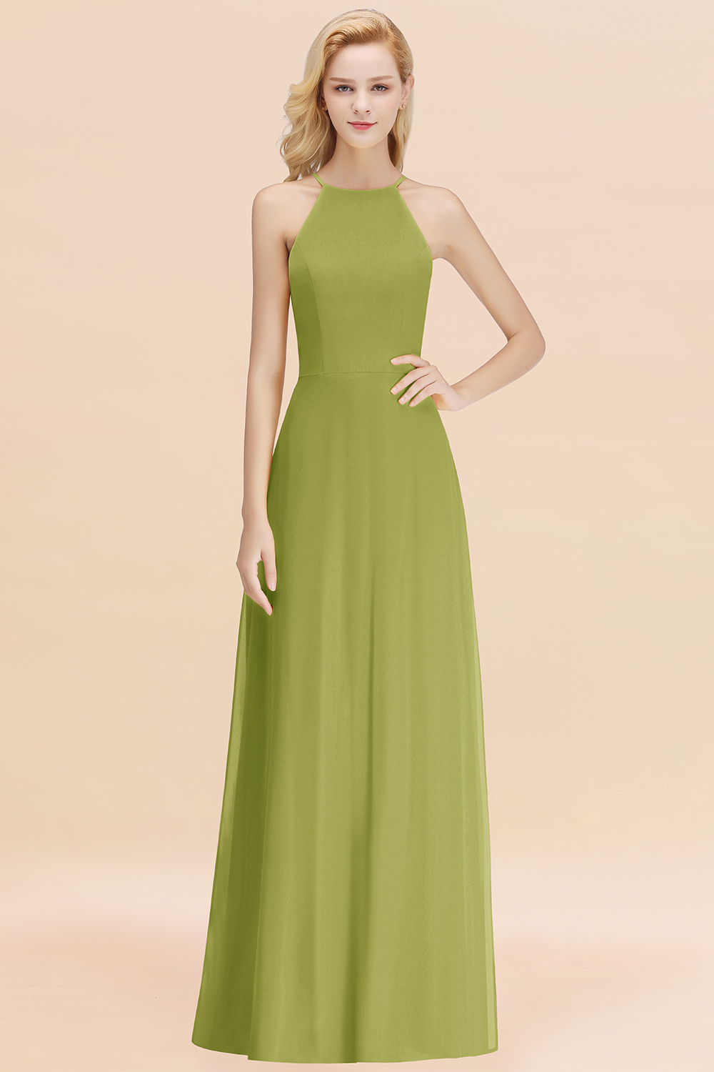 27prom Modest High-Neck Yellow Chiffon Affordable Bridesmaid Dresses Online-27prom