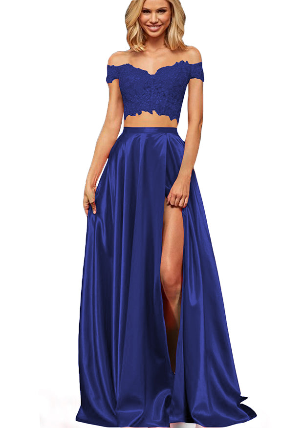Off-the-Shoulder Two Pieces Prom Dress with Appliques and Slit