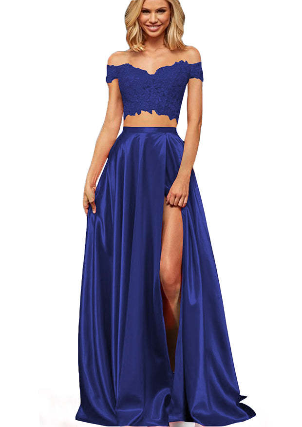Off-the-Shoulder Two Pieces Prom Dress with Appliques and Slit