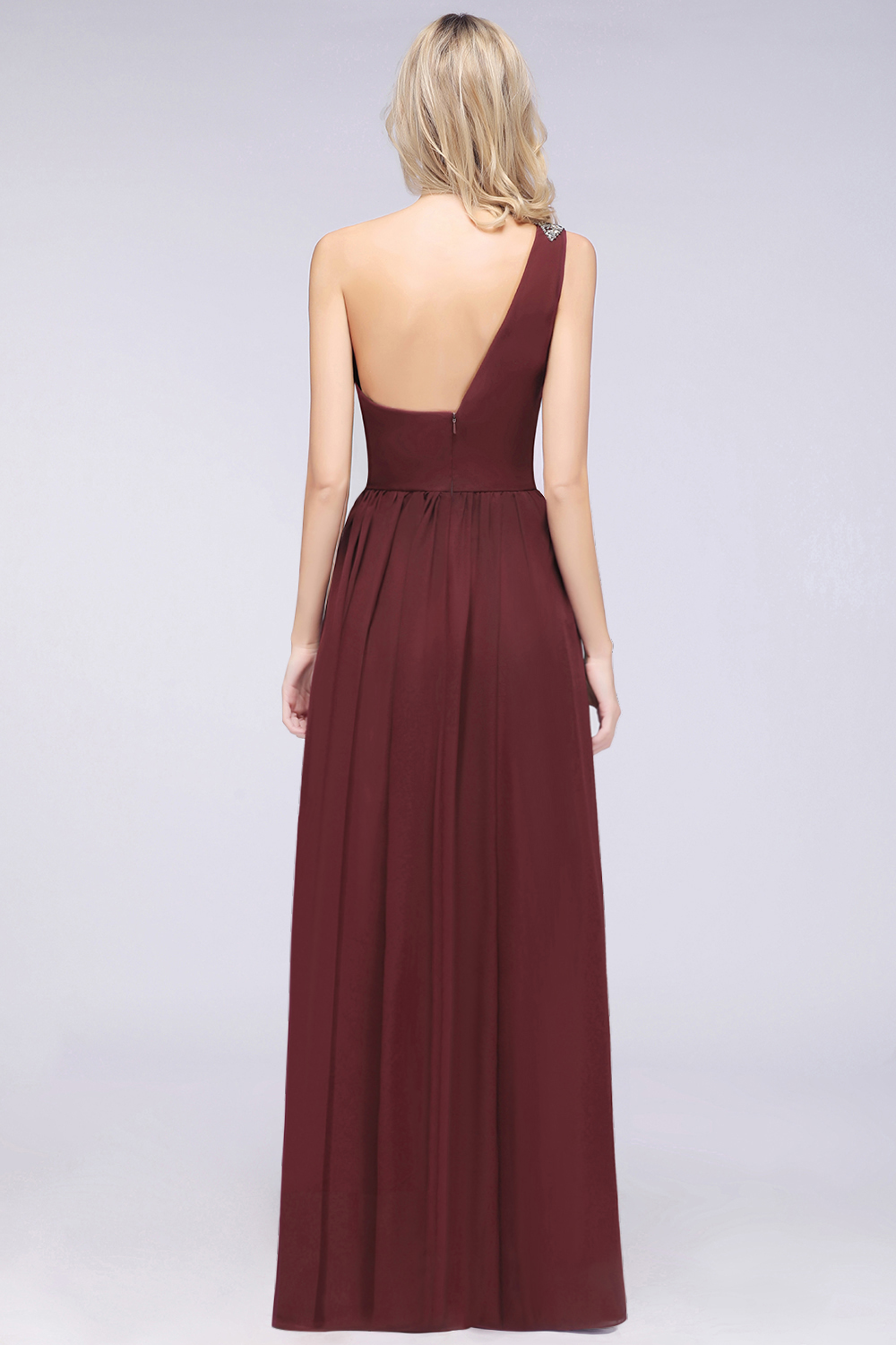 27prom Affordable Chiffon One-Shoulder Ruffle Bridesmaid Dress with Beadings-27prom
