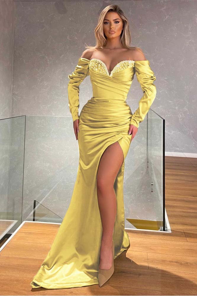 Off the Shoulder Long Sleeves Mermaid Long Prom Dress With Beading