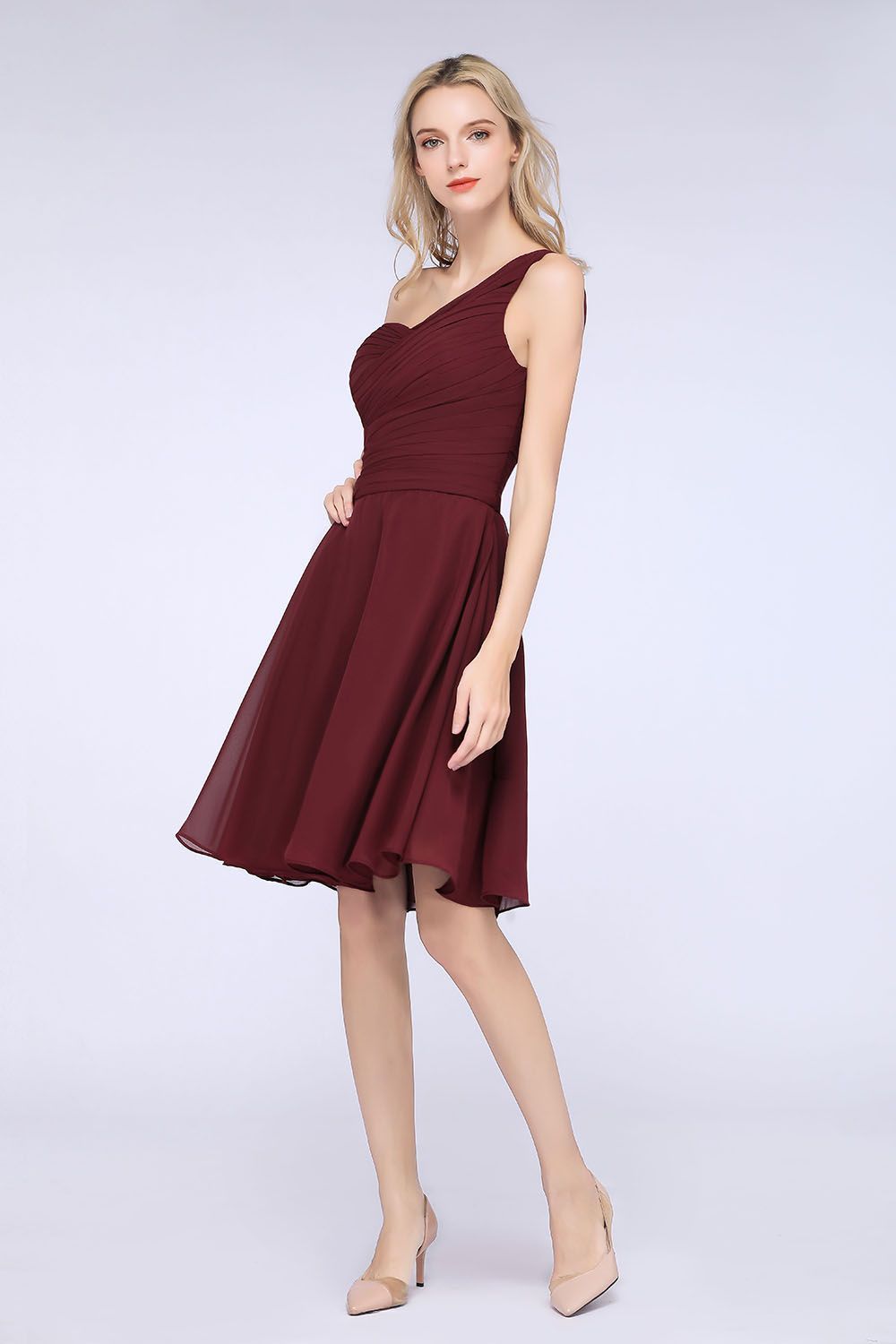 27prom Chic One-Shoulder Short Burgundy Affordable Bridesmaid Dress with Ruffle-27prom