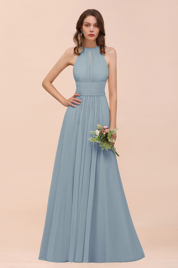 27prom Elegant Chiffon Jewel Ruffle Champagne Affordable Bridesmaid Dress Online-27prom