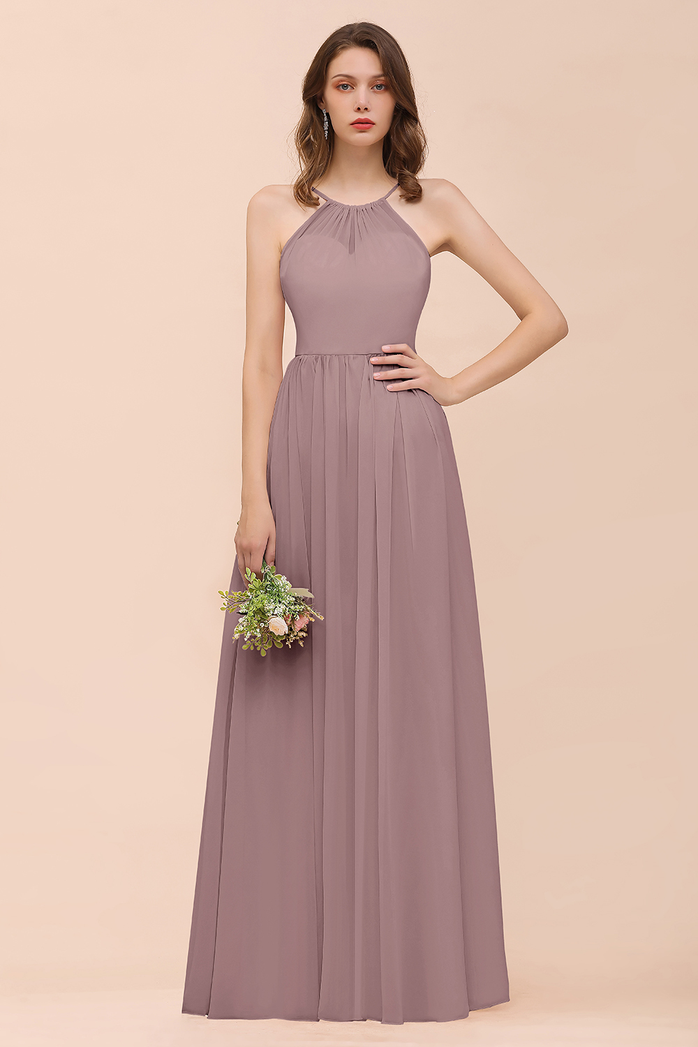 27prom Gorgeous Chiffon Halter Ruffle Affordable Long Bridesmaid Dress-27prom