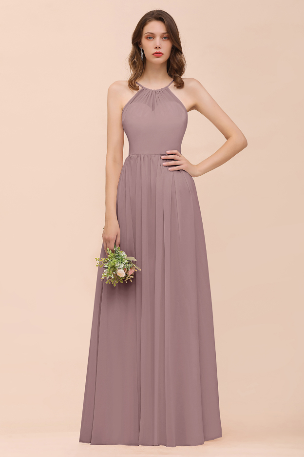 27prom Gorgeous Chiffon Halter Ruffle Affordable Long Bridesmaid Dress-27prom