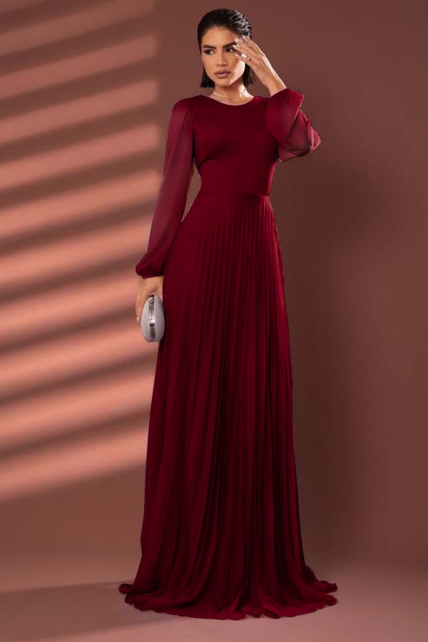 Chiffon Jewel Neck Long Sleeves Long Prom Dress With Pleated